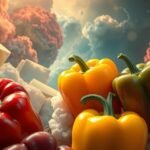 Peperoni rossi, gialli e verdi su uno sfondo creativo