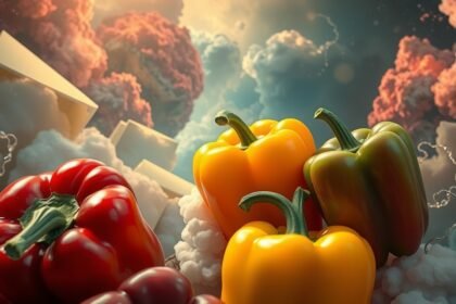 Peperoni rossi, gialli e verdi su uno sfondo creativo