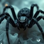 Ragno nero su sfondo etereo, simbolo di significati nei sogni.