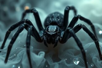 Ragno nero su sfondo etereo, simbolo di significati nei sogni.