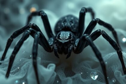 Ragno nero su sfondo etereo, simbolo di significati nei sogni.