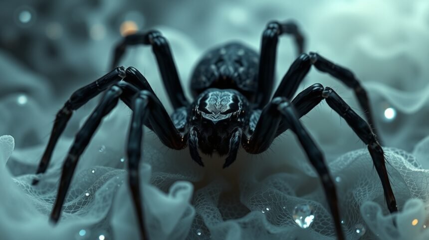 Ragno nero su sfondo etereo, simbolo di significati nei sogni.