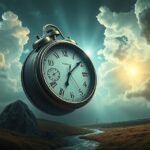 Orologio pendente in un paesaggio onirico simbolo di ansia e tempo.