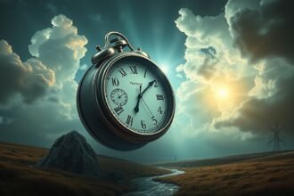 Orologio pendente in un paesaggio onirico simbolo di ansia e tempo.