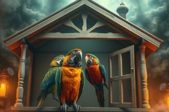 Pappagalli colorati in una casa misteriosa con lanterne