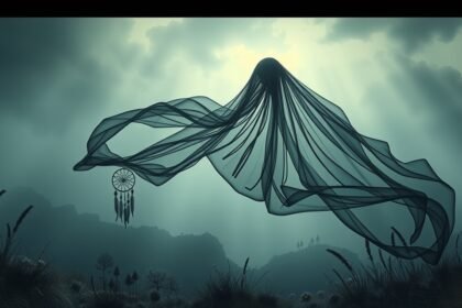 Donna in nero fluttuante che rappresenta lutto e mistero.