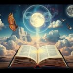 Libro aperto sotto un cielo stellato con luna e uccelli