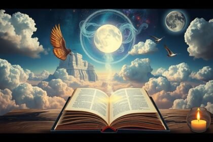 Libro aperto sotto un cielo stellato con luna e uccelli