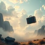 Valigia sospesa in un paesaggio montano nebbioso