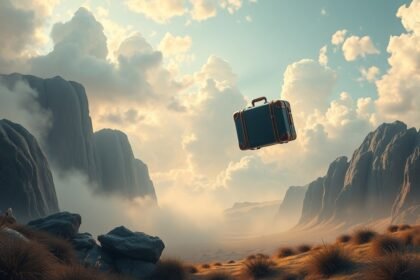 Valigia sospesa in un paesaggio montano nebbioso