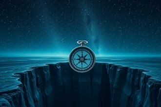 Un orologio da tasca sopra una voragine sotto un cielo stellato