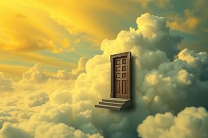 Porta su nuvole gialle che simboleggia sogni e opportunità.