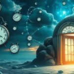 Porta aperta verso un nuovo inizio con orologi sospesi nel tempo