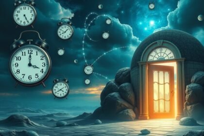 Porta aperta verso un nuovo inizio con orologi sospesi nel tempo