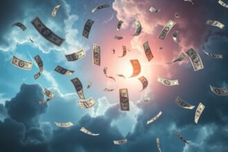 Banconote che fluttuano tra le nuvole in un cielo sereno