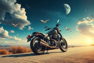 Moto parcheggiata su una strada con cielo stellato e sole al tramonto