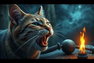 Gatto ringhiante in un contesto simbolico di sogni e tradimento