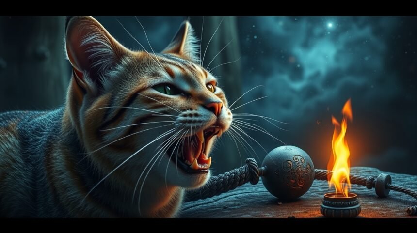 Gatto ringhiante in un contesto simbolico di sogni e tradimento