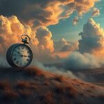 Orologio vintage su una collina sotto nuvole drammatiche al tramonto