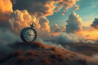 Orologio vintage su una collina sotto nuvole drammatiche al tramonto