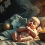 Bambino che dorme circondato da oggetti simbolici e fuoco.