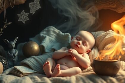 Bambino che dorme circondato da oggetti simbolici e fuoco.