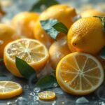 Limoni freschi e fette di limone con foglie verdi su sfondo ghiacciato