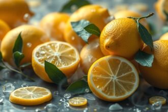 Limoni freschi e fette di limone con foglie verdi su sfondo ghiacciato