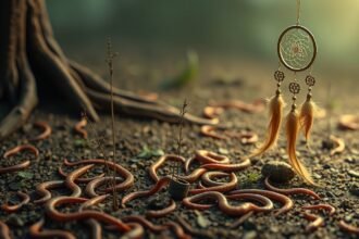 Lombrichi e un dreamcatcher tra la vegetazione