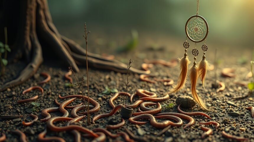 Lombrichi e un dreamcatcher tra la vegetazione