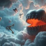 Illustrazione artistica di denti e chiavi tra le nuvole