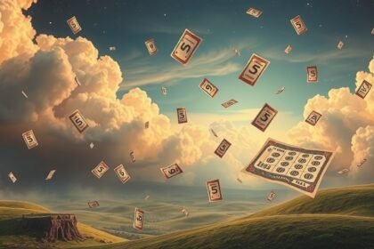 Fogli di Lotto che volano sopra un paesaggio naturale sereno