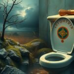 Toiletto sporco in un paesaggio inquietante con rocce e albero secco