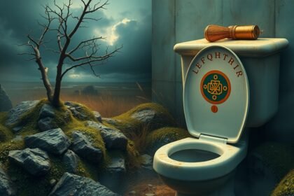 Toiletto sporco in un paesaggio inquietante con rocce e albero secco