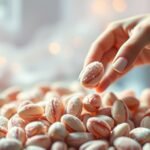 Mano che prende confetti su un tavolo decorato.