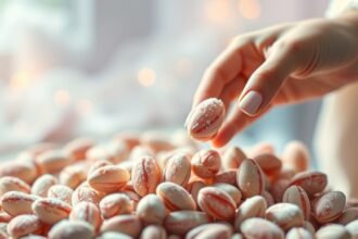 Mano che prende confetti su un tavolo decorato.