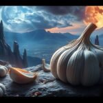 Aglio in un paesaggio mistico con montagne e luna