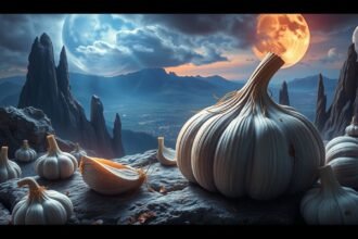 Aglio in un paesaggio mistico con montagne e luna