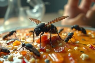 Insetti su un piatto di cibo, simbolo di disgusto e rovina nei sogni.