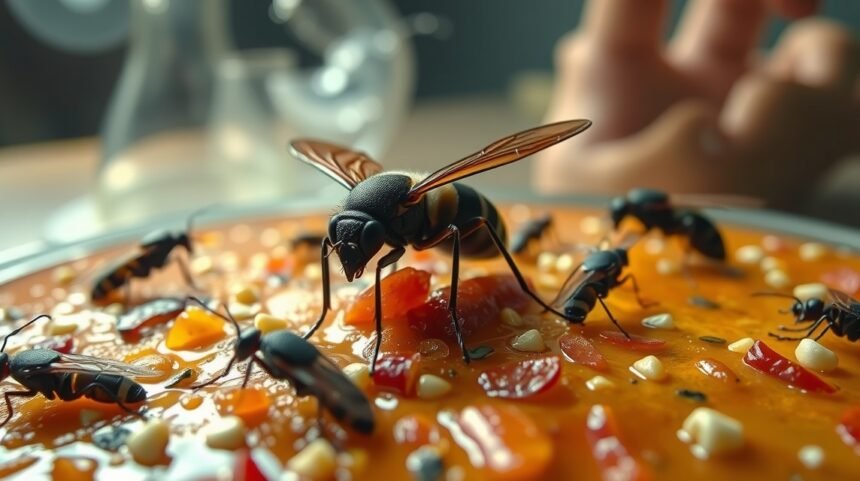 Insetti su un piatto di cibo, simbolo di disgusto e rovina nei sogni.
