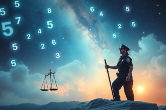 Poliziotto in piedi con numeri e giustizia nel cielo notturno