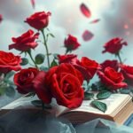 Rose rosse su un libro, simbolo di amore e passione.
