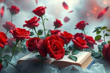 Rose rosse su un libro, simbolo di amore e passione.