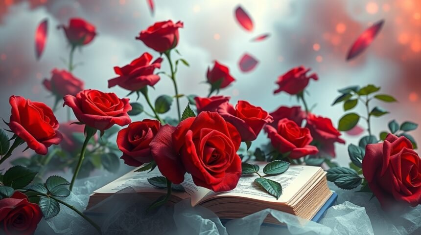 Rose rosse su un libro, simbolo di amore e passione.