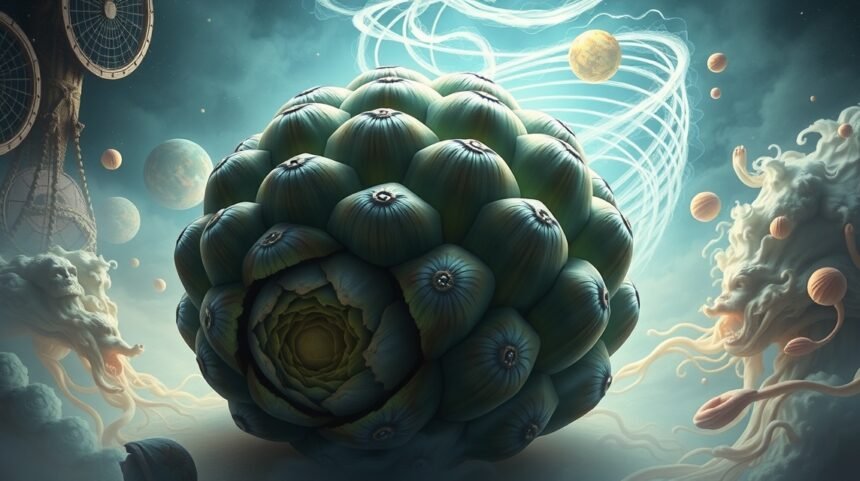 Carciofo stilizzato in un contesto onirico e fantastico