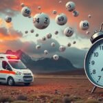 Ambulanza con numeri del Lotto e orologio in un paesaggio montano.