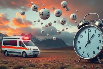 Ambulanza con numeri del Lotto e orologio in un paesaggio montano.