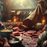 Disposizione di salumi e cibo su un tavolo rustico