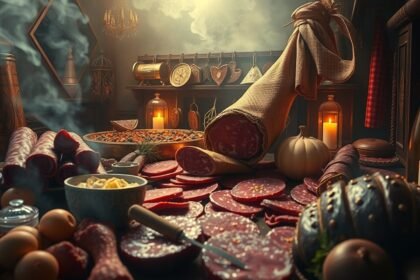 Disposizione di salumi e cibo su un tavolo rustico