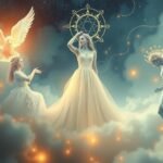 Tre figure angeliche che vestono abiti di bianco su nuvole